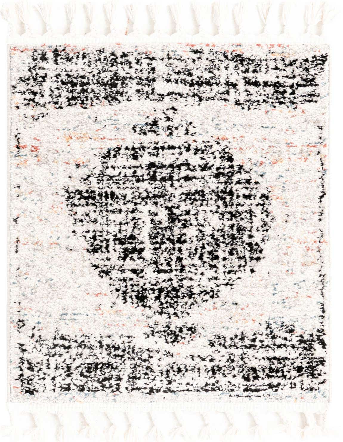 A 2x3 rectangular Rugs.com Aramis rug featuring an abstract black stripe pattern on an ivory and cream background with fringe.