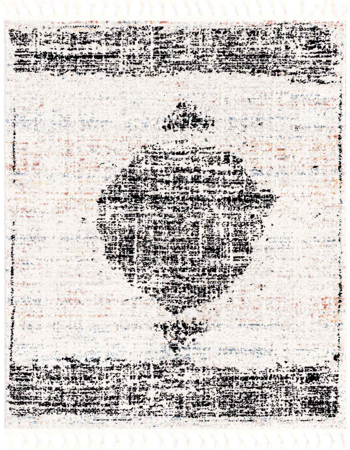 A 4x6 rectangular ivory and cream modern medallion rug with a distressed black pattern and fringe.