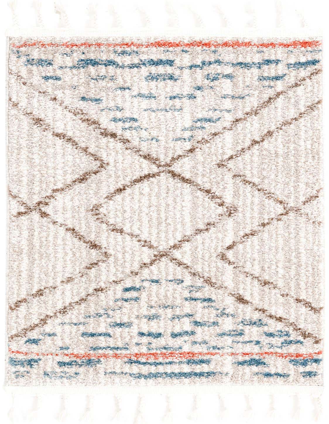 A 2x3 rectangular ivory polypropylene rug with a modern geometric pattern featuring brown diamond outlines, blue dashes, and orange stripes, with white tassels.