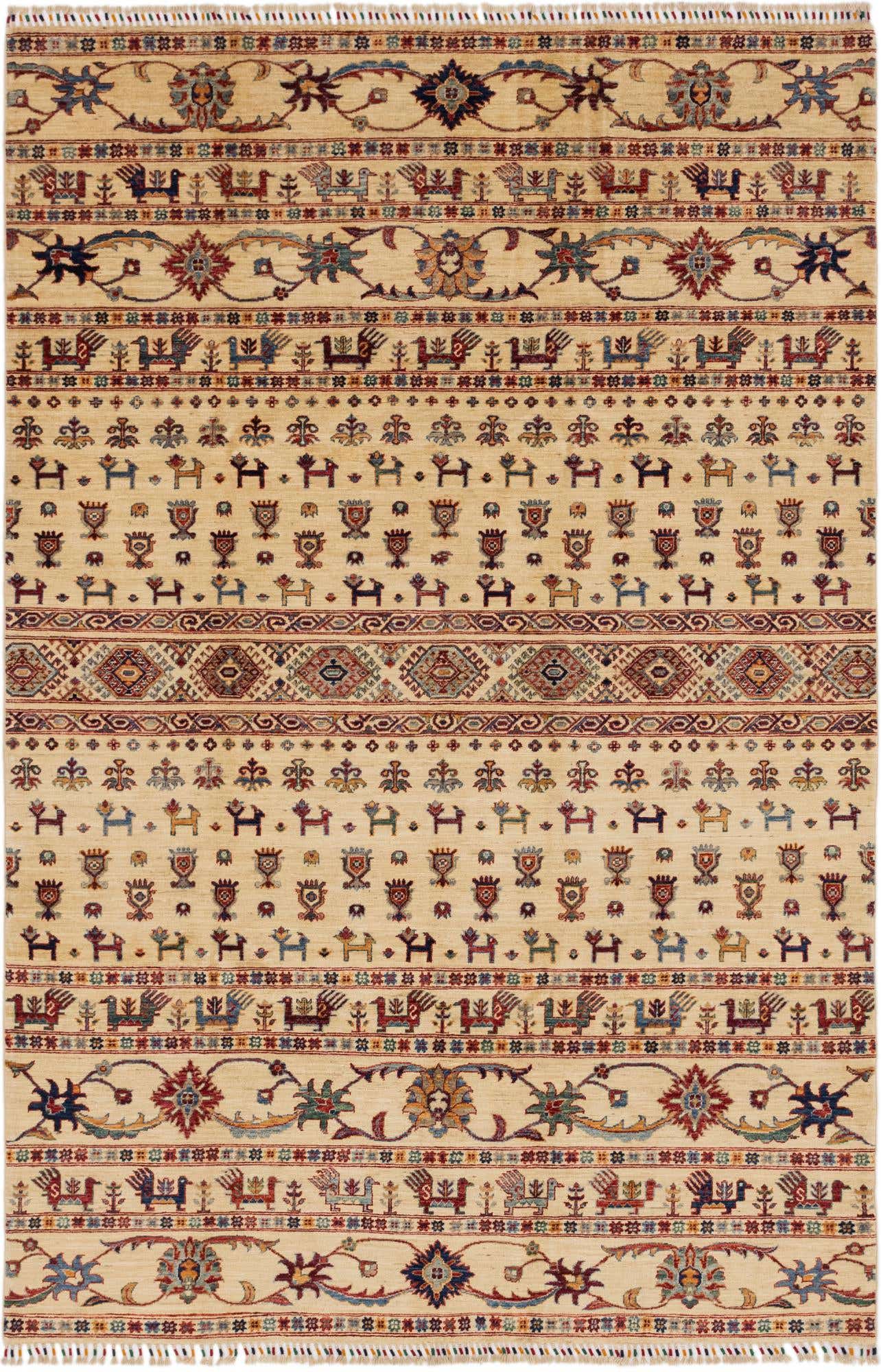 A 6x9 rectangular Ariana Ziegler rug featuring a cream background with tribal stripes, animal, and floral motifs in red, blue, and brown.