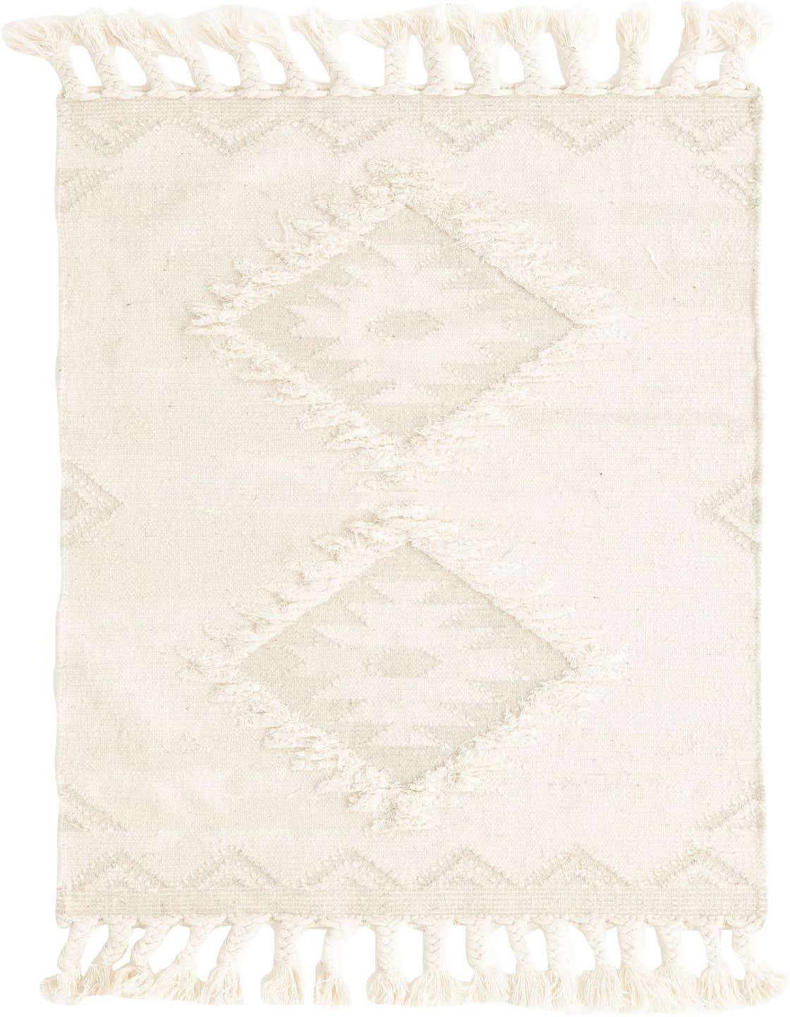 A 3x5 rectangular ivory wool shag rug with a bohemian tribal diamond pattern and braided fringe.