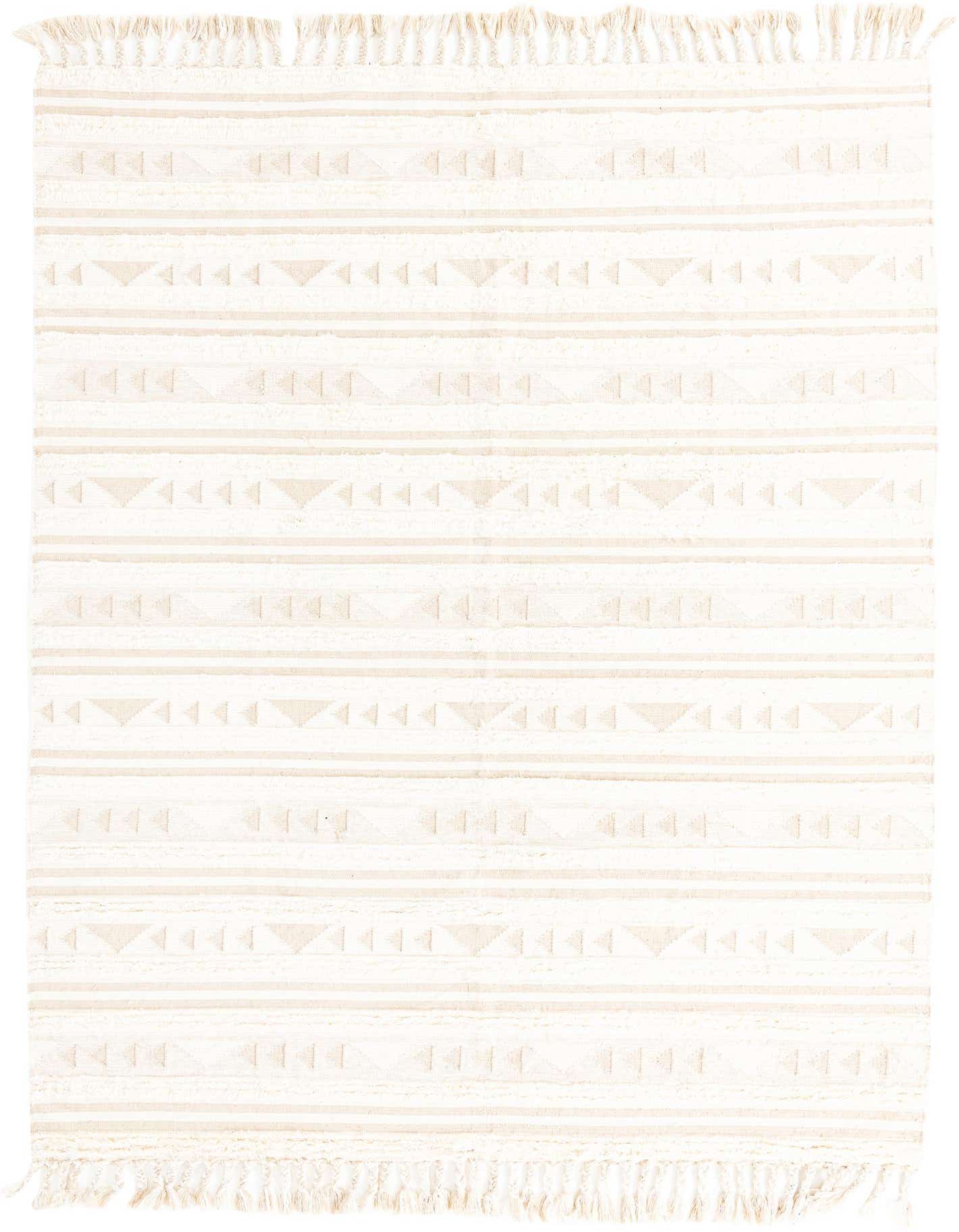 A rectangular 9x12 ivory and cream wool shag rug with a modern tribal stripe pattern and fringe.