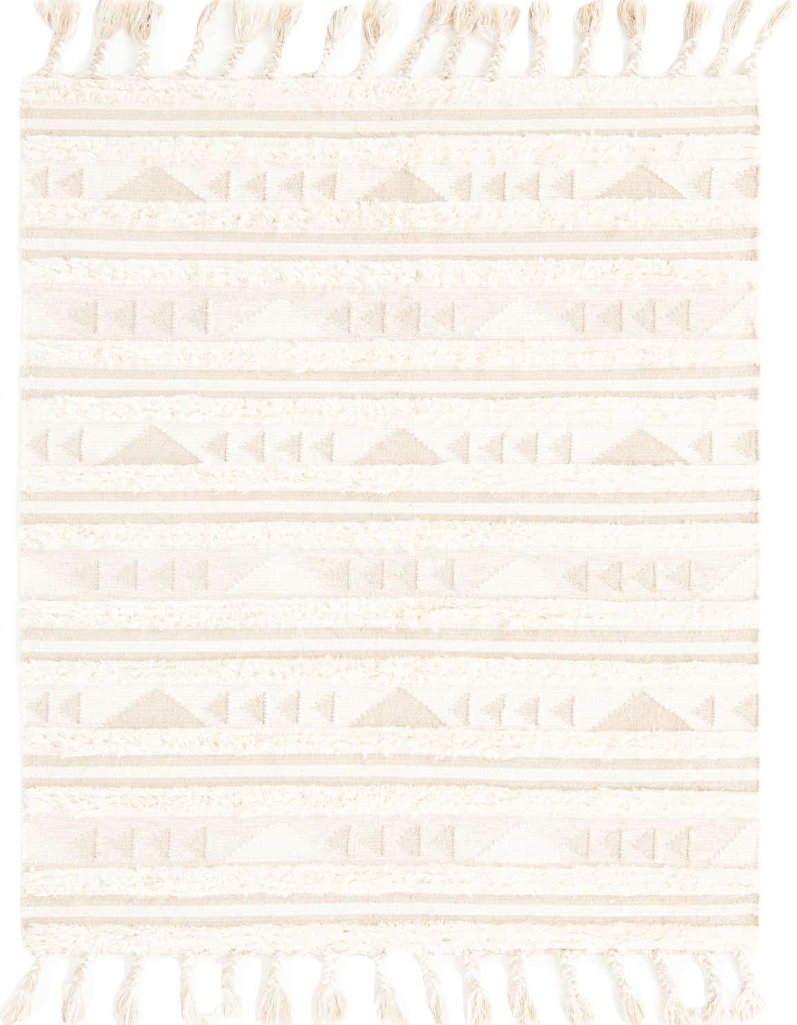 A 5x8 rectangular ivory and cream tribal rug with a textured shag pile and fringe tassels.