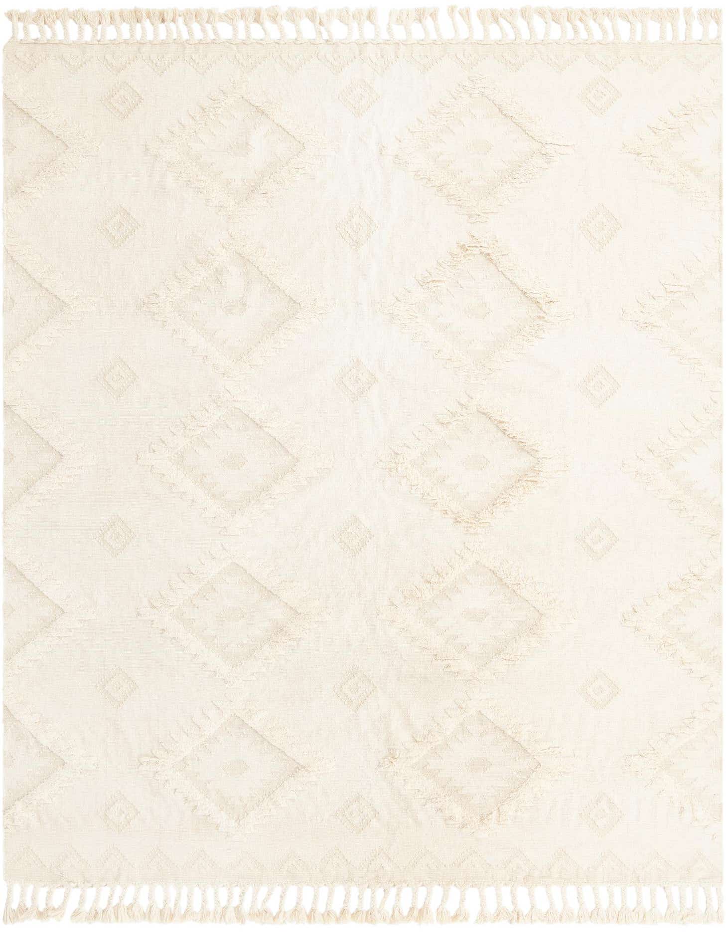 A 10x13 rectangular ivory shag rug with a textured Southwestern diamond pattern and fringe.