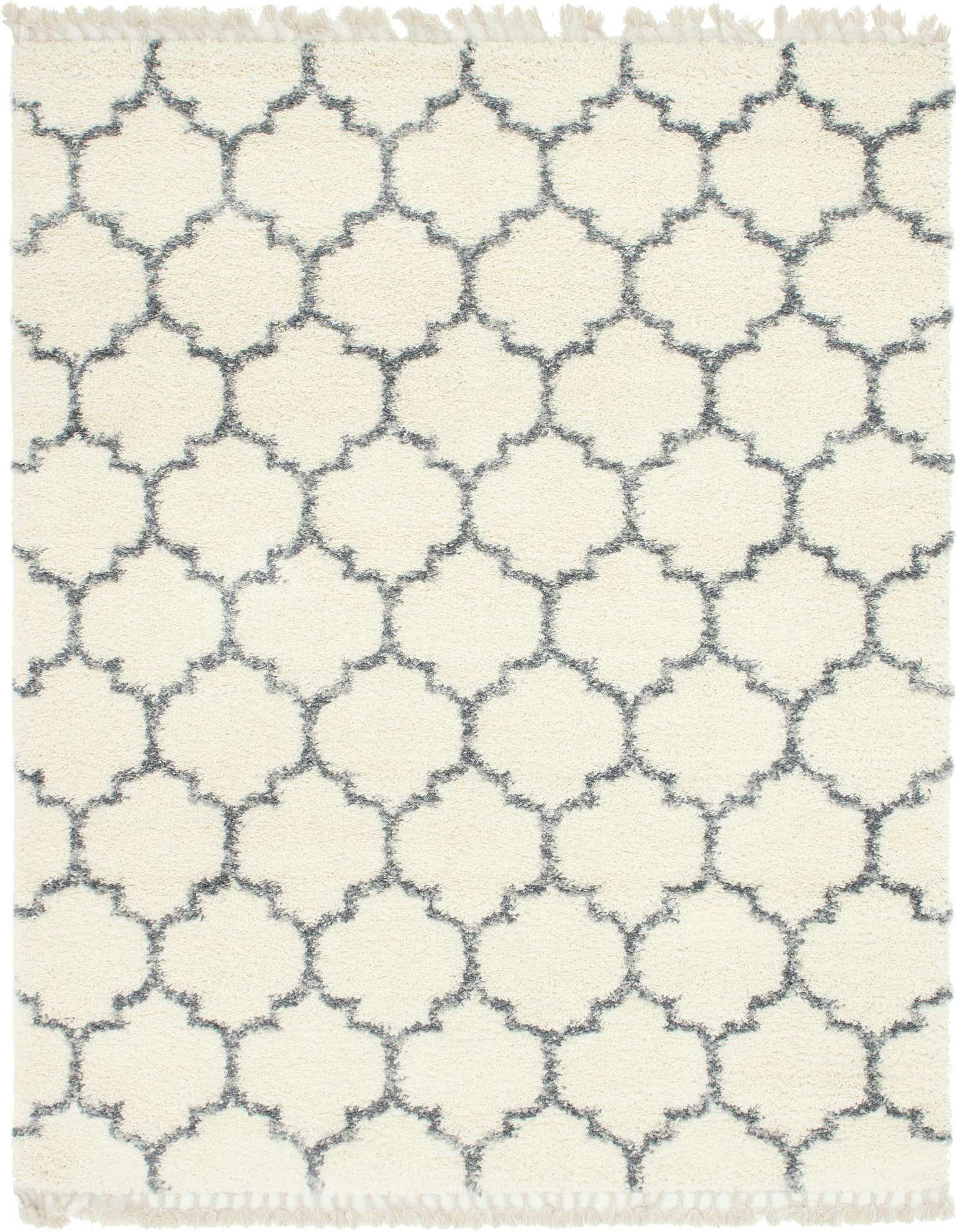 An 8x10 rectangular ivory shag rug with a repeating gray Moroccan trellis pattern, suitable for a living room.
