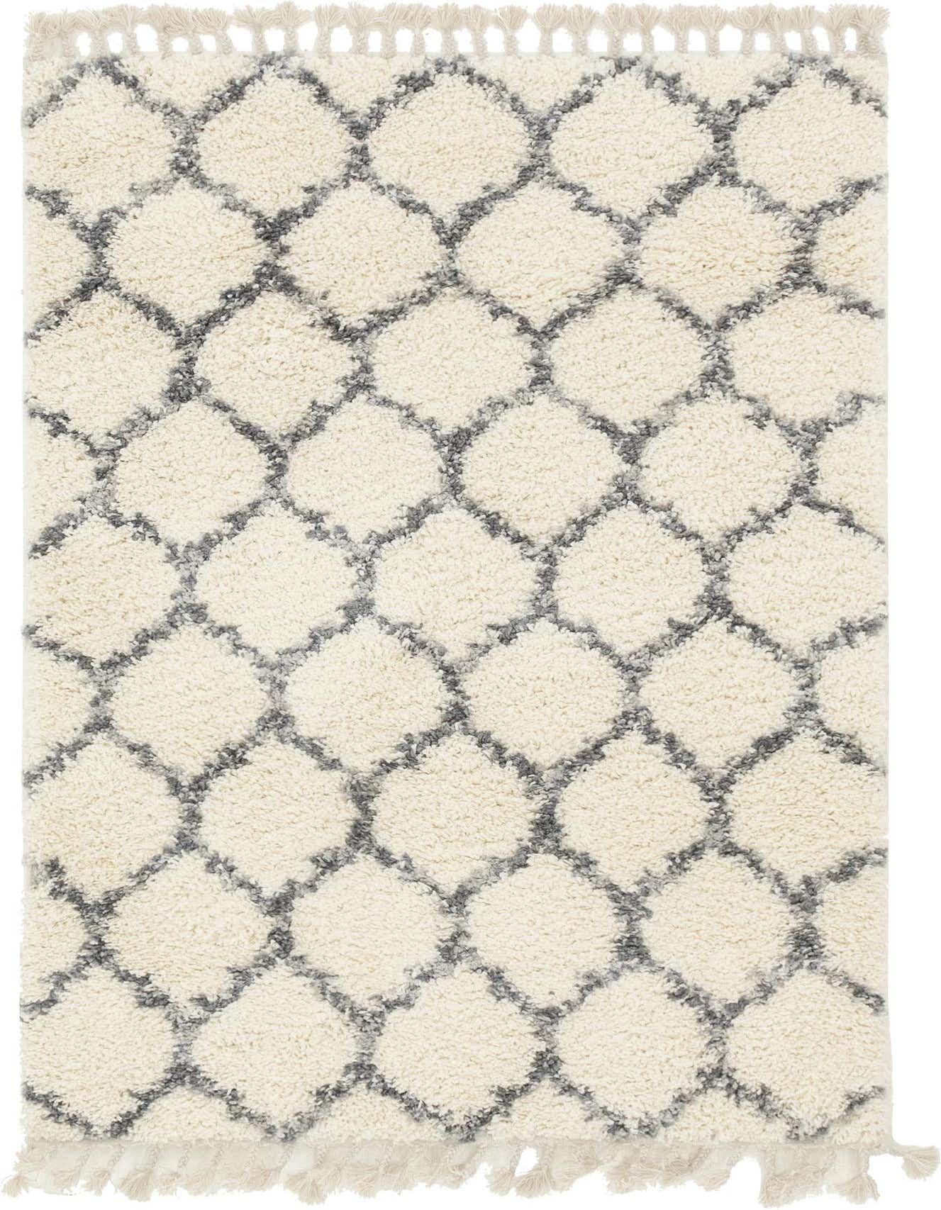 A 4x6 rectangular ivory shag rug with a modern grey diamond trellis pattern and decorative tassels.