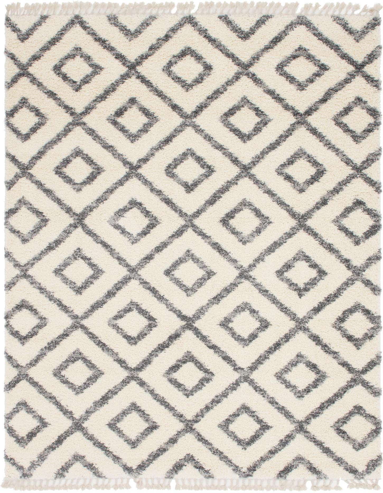 A 9x12 rectangular ivory shag rug with a modern geometric diamond pattern in charcoal grey, suitable for a living room.