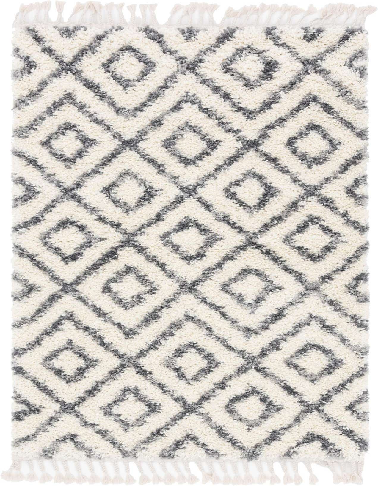 A 4x6 rectangular ivory shag rug with a modern geometric diamond pattern in gray, featuring decorative tassels.