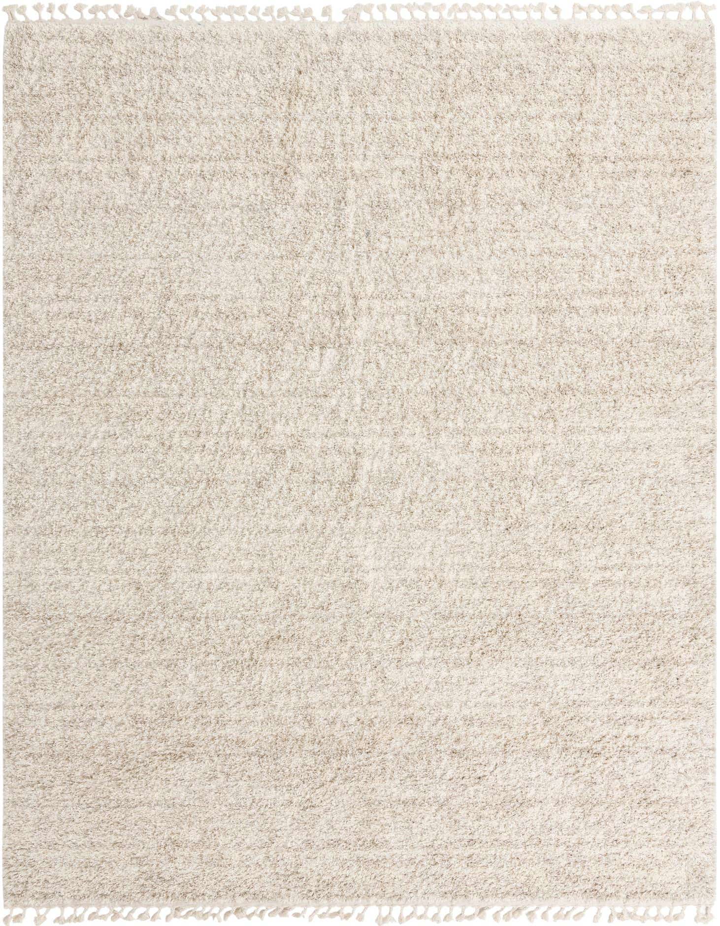 A soft 9x12 rectangular ivory shag rug with subtle texture and tasseled edges, perfect for a cozy living room.