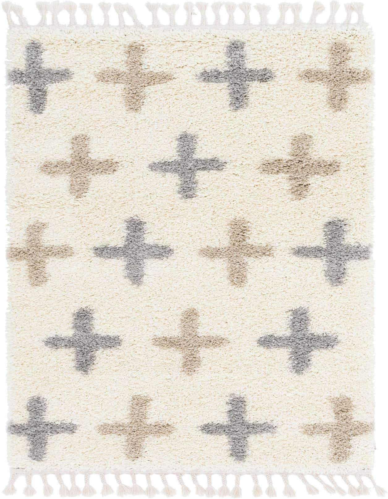 A 4x6 rectangular ivory shag rug with a modern Scandinavian pattern of alternating gray and beige crosses, featuring decorative tassels.