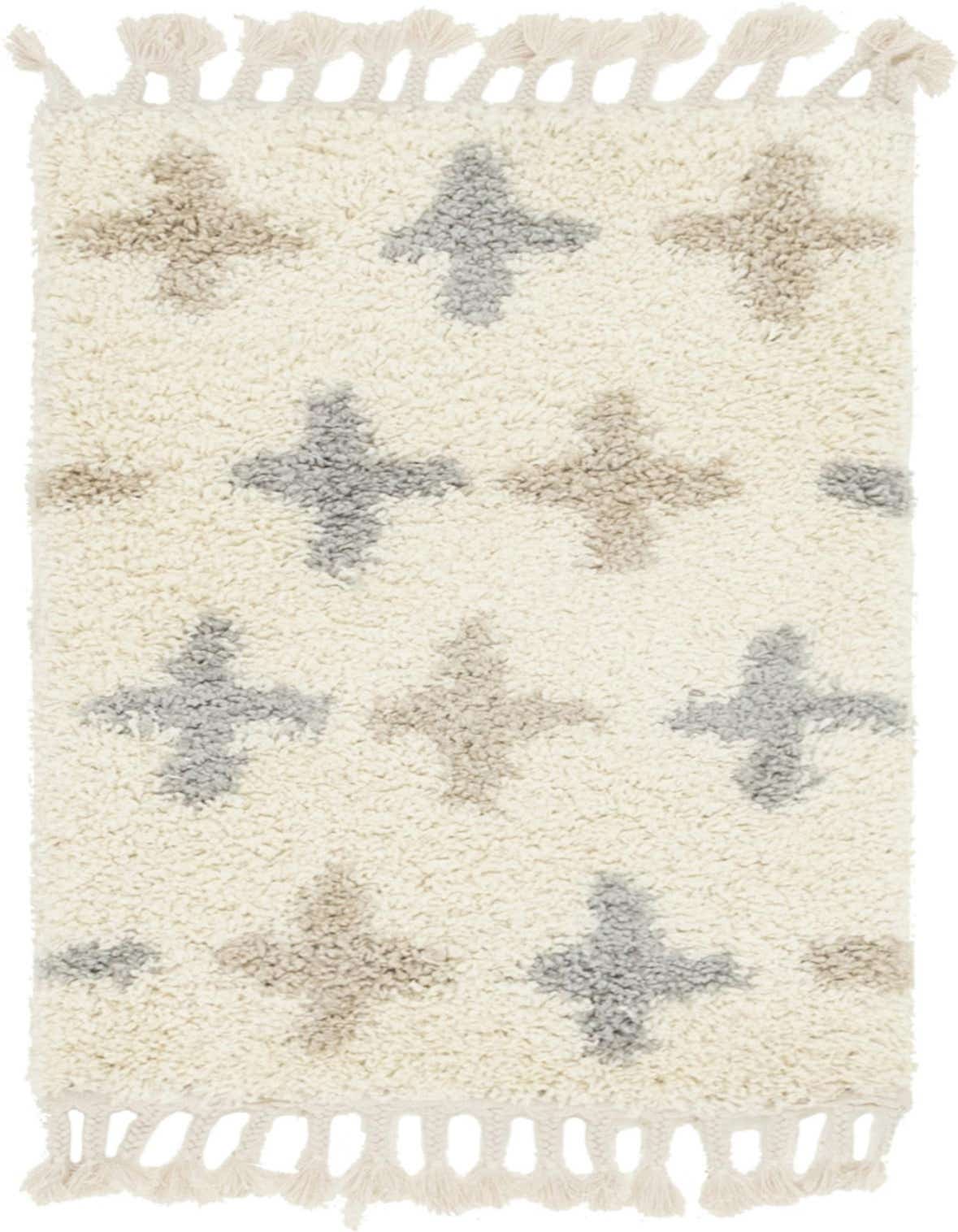 A 2x3 rectangular ivory shag rug with light gray and tan cross patterns, featuring decorative tassels.