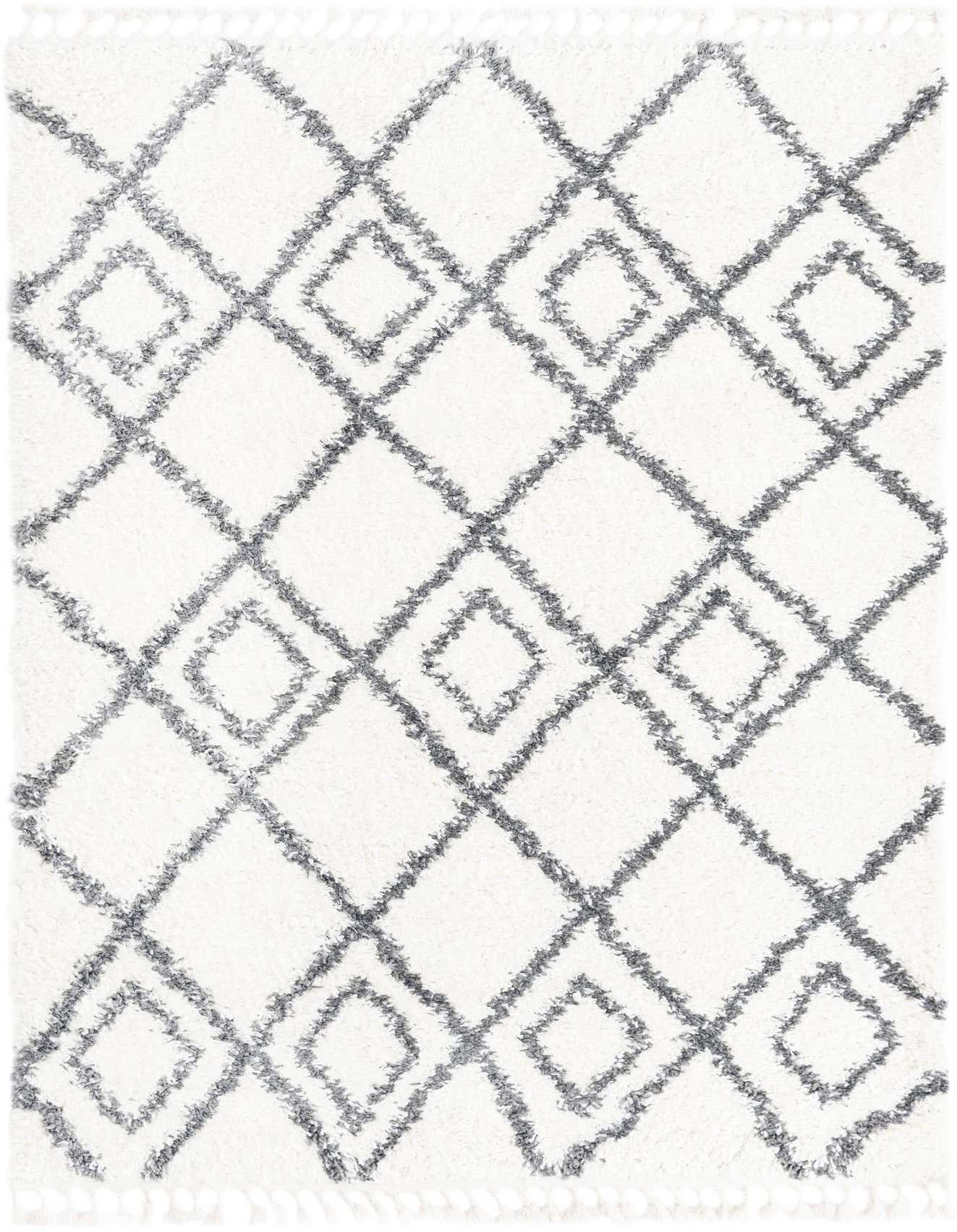 A 5x8 rectangular ivory shag rug with a modern geometric diamond pattern in textured gray lines, ideal for a living room.