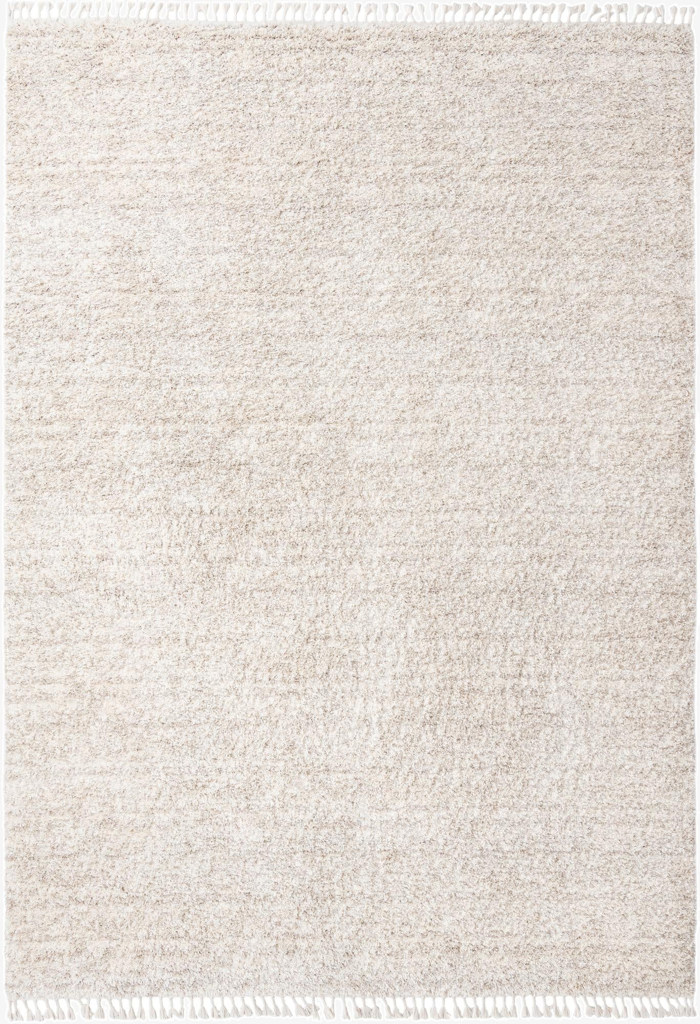 A large 10x14 rectangular ivory shag rug with a soft, textured pile and decorative fringe on the ends, perfect for a modern living room.