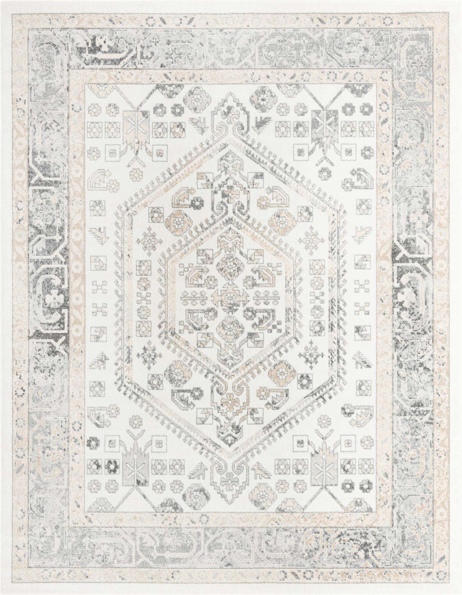 A 9x12 rectangular ivory and cream area rug with a distressed traditional medallion and tribal pattern, featuring hints of grey and subtle peach accents.