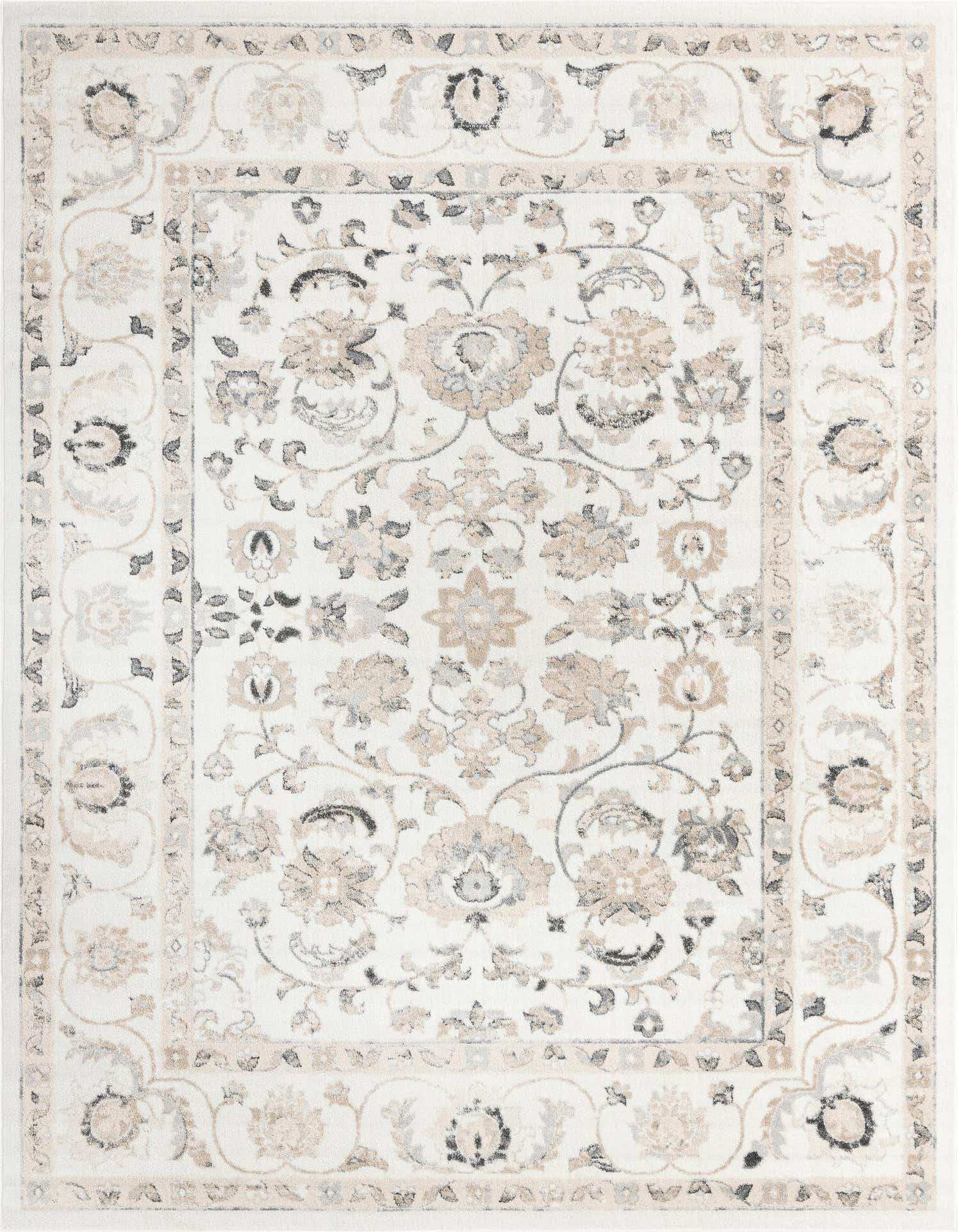 A 9x12 rectangular ivory and cream traditional area rug with an intricate botanical and floral pattern.