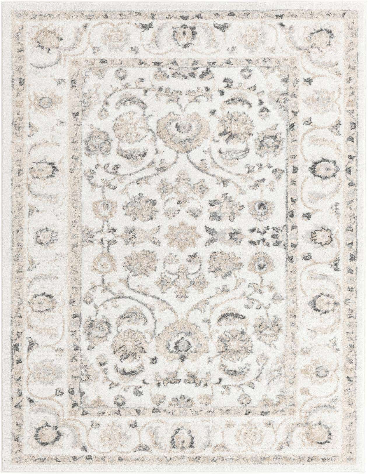 A 5x8 rectangular ivory area rug with a traditional botanical pattern in subtle cream, beige, and gray tones.