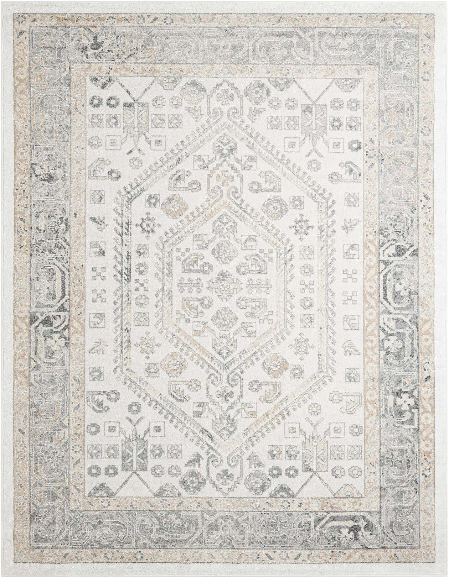 An 8x11 rectangular ivory and cream rug with a distressed traditional medallion and tribal pattern, featuring gray and beige accents.