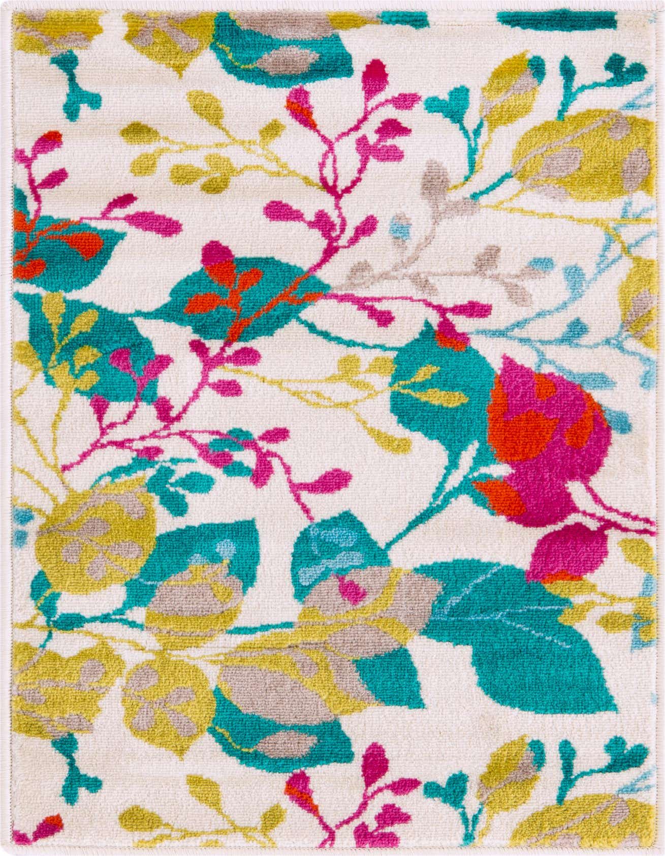 A 2x3 rectangular ivory rug with a vibrant modern floral pattern featuring teal, fuchsia, orange, and lime green leaves and branches.