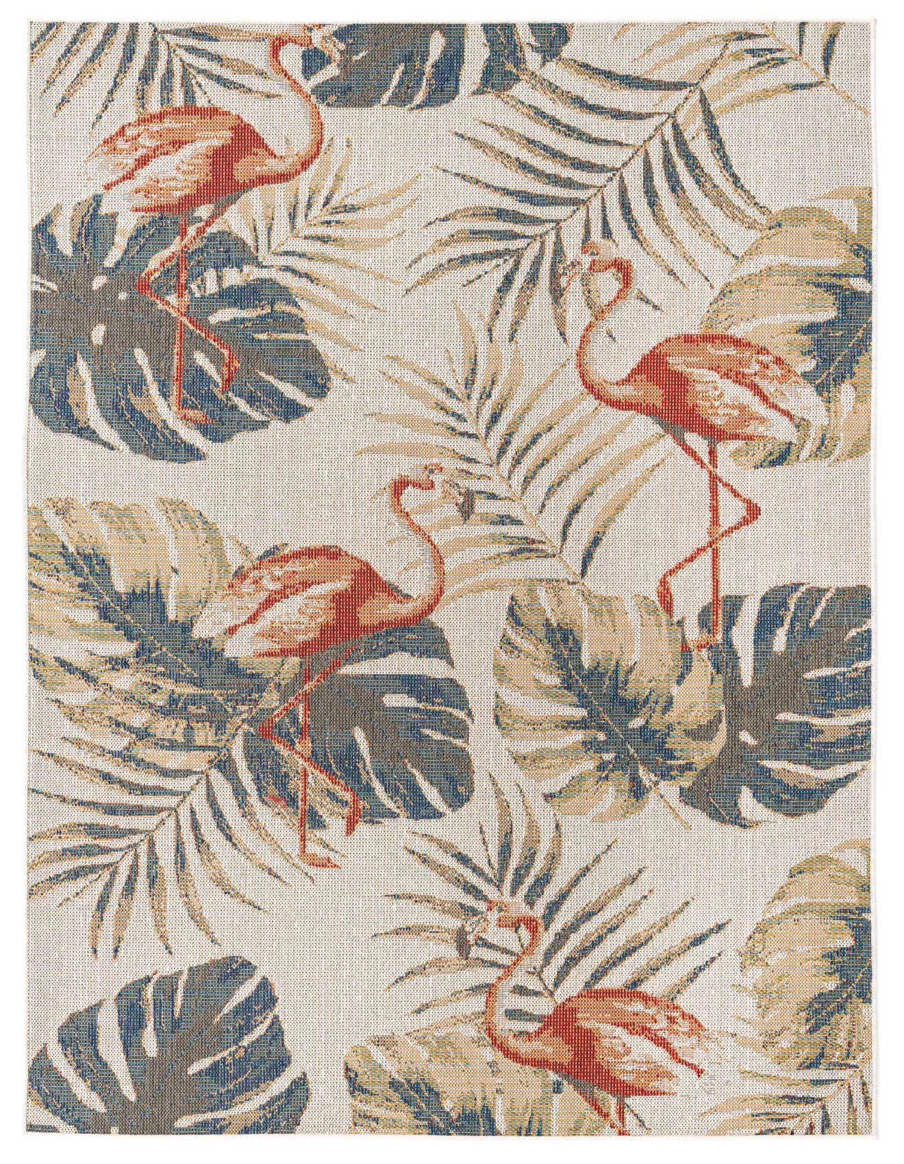 A 6x9 rectangular indoor/outdoor rug featuring a vibrant coastal pattern of pink flamingos and tropical leaves on an ivory background.