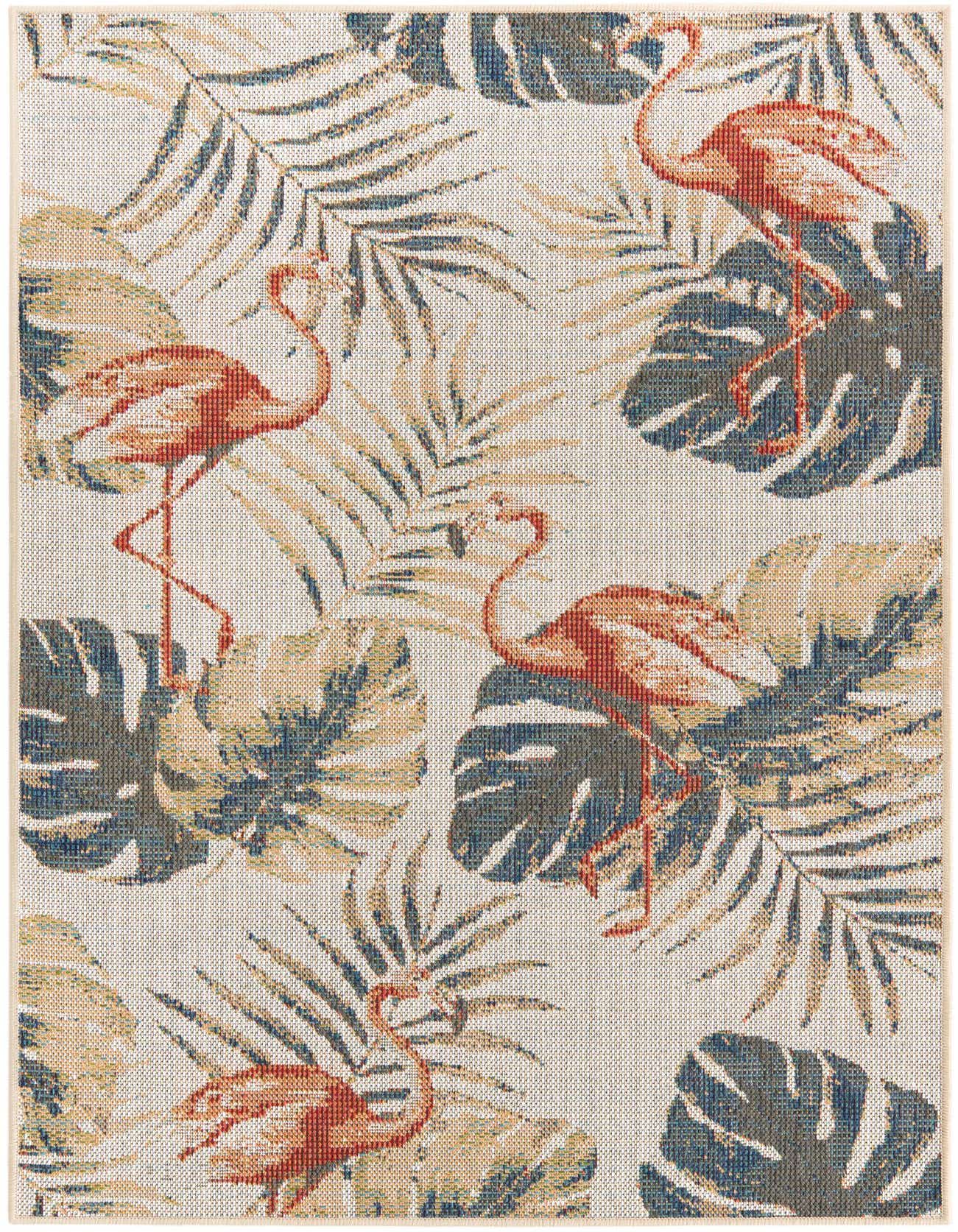 A 4x6 rectangular indoor/outdoor rug with an ivory background, featuring a vibrant botanical pattern of coral flamingos and blue-green palm leaves.