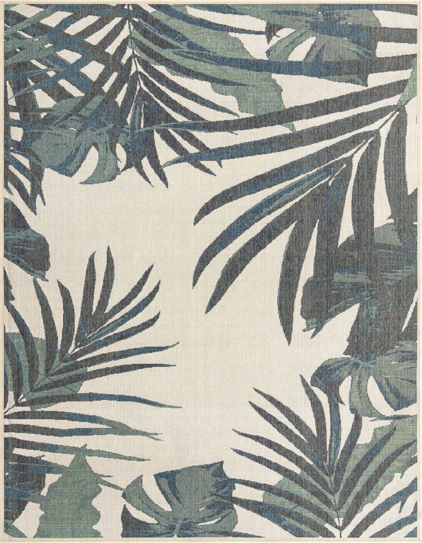 A 9x12 rectangular indoor/outdoor rug featuring a modern botanical pattern of blue and green palm leaves on an ivory background.
