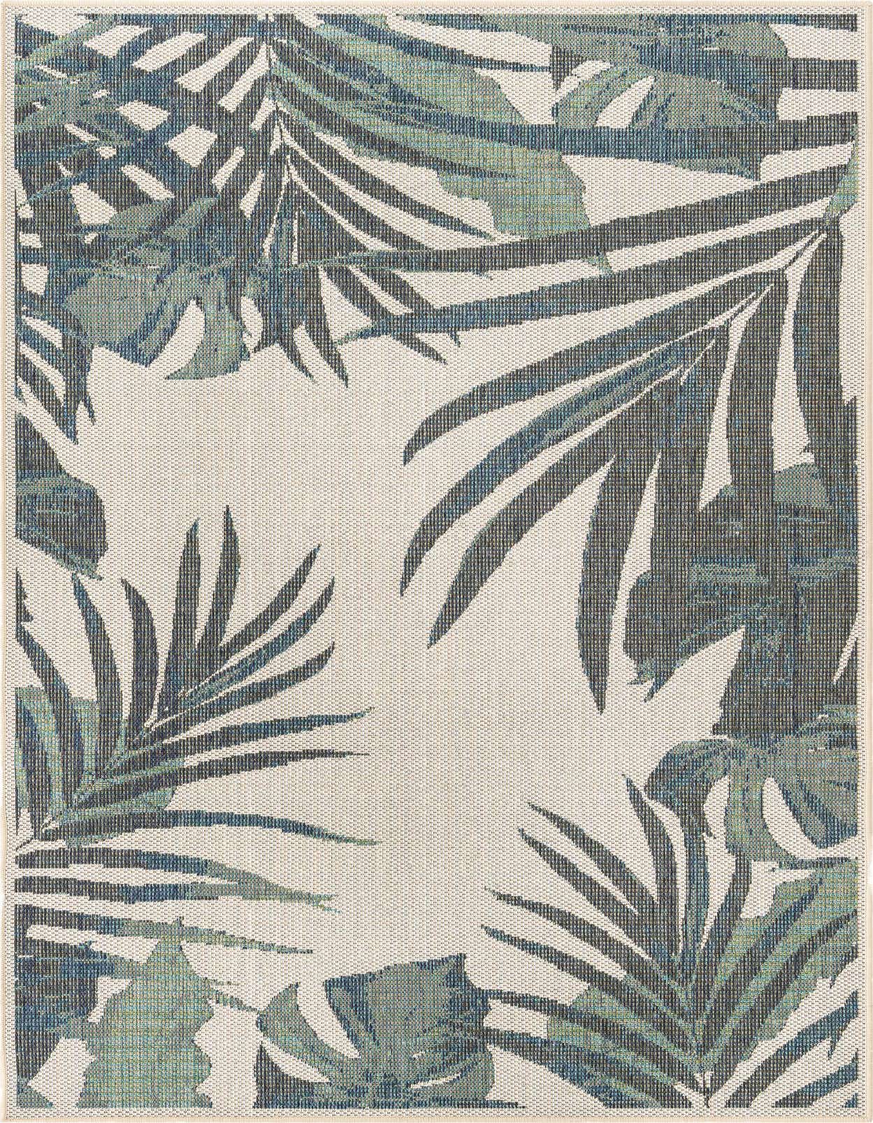 A 5x8 rectangular ivory indoor/outdoor rug with a modern botanical pattern of blue and green palm leaves.