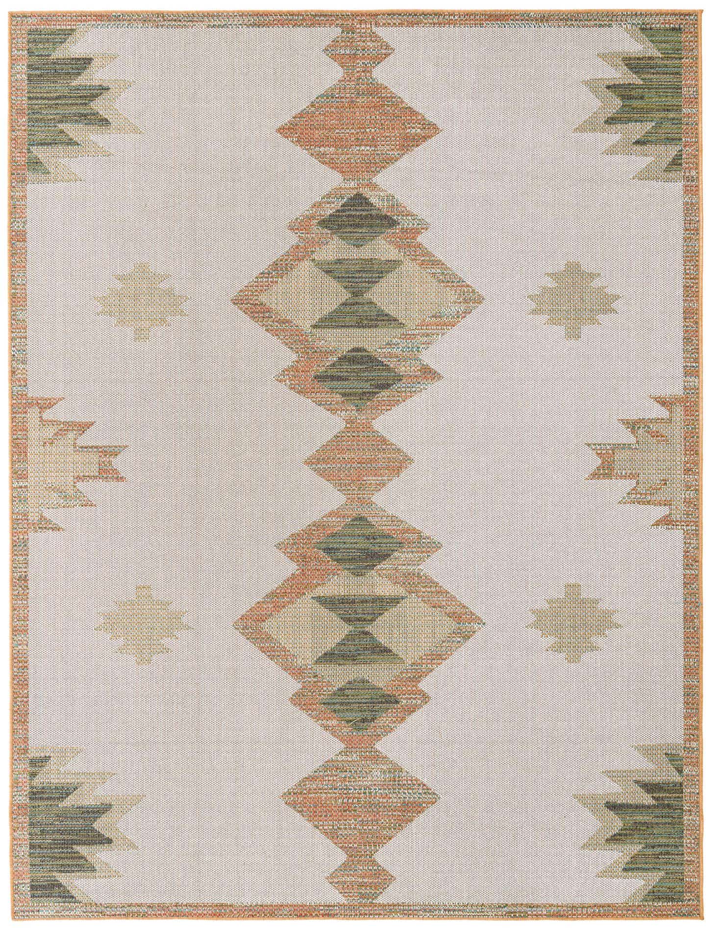 A 9x12 rectangular ivory polypropylene rug with a central column of orange and green tribal diamond patterns, flanked by smaller geometric motifs.