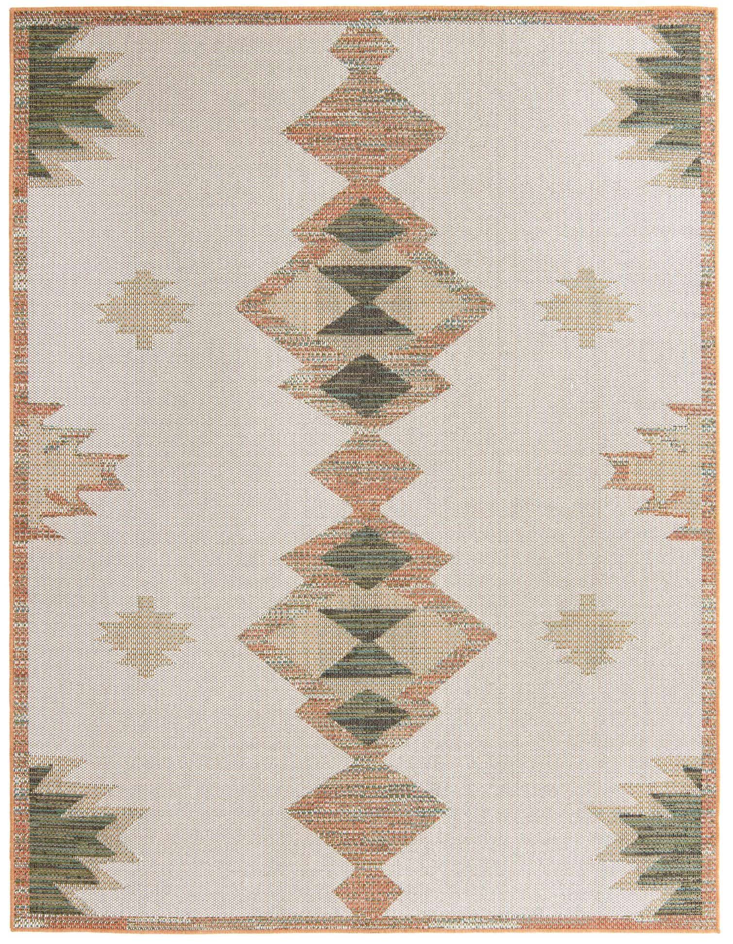 8x10 rectangular ivory and cream Southwestern rug with a central column of tribal diamond patterns in rust, green, and beige, suitable for indoor/outdoor use.