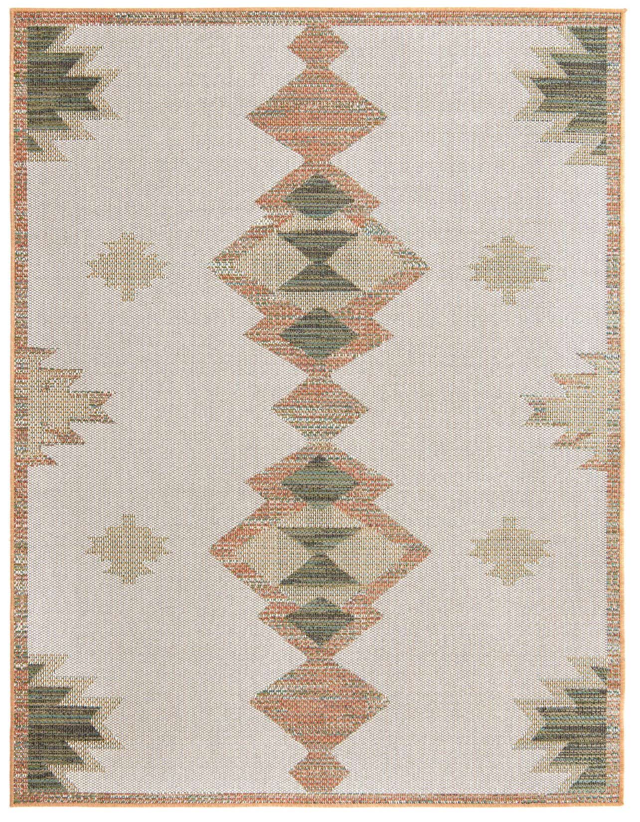 A 6x9 rectangular ivory indoor/outdoor rug with a central column of orange and green tribal diamonds.