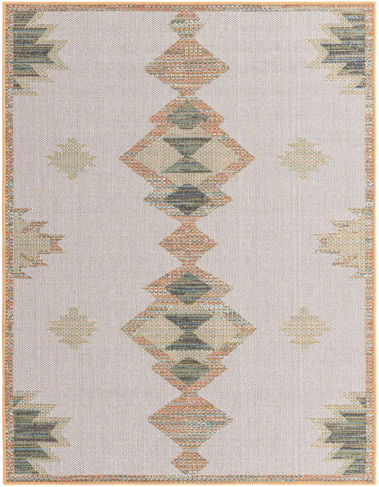 A 5x8 rectangular ivory Southwestern rug with a central column of stacked orange, blue, and green diamond patterns, bordered by a thin orange edge.