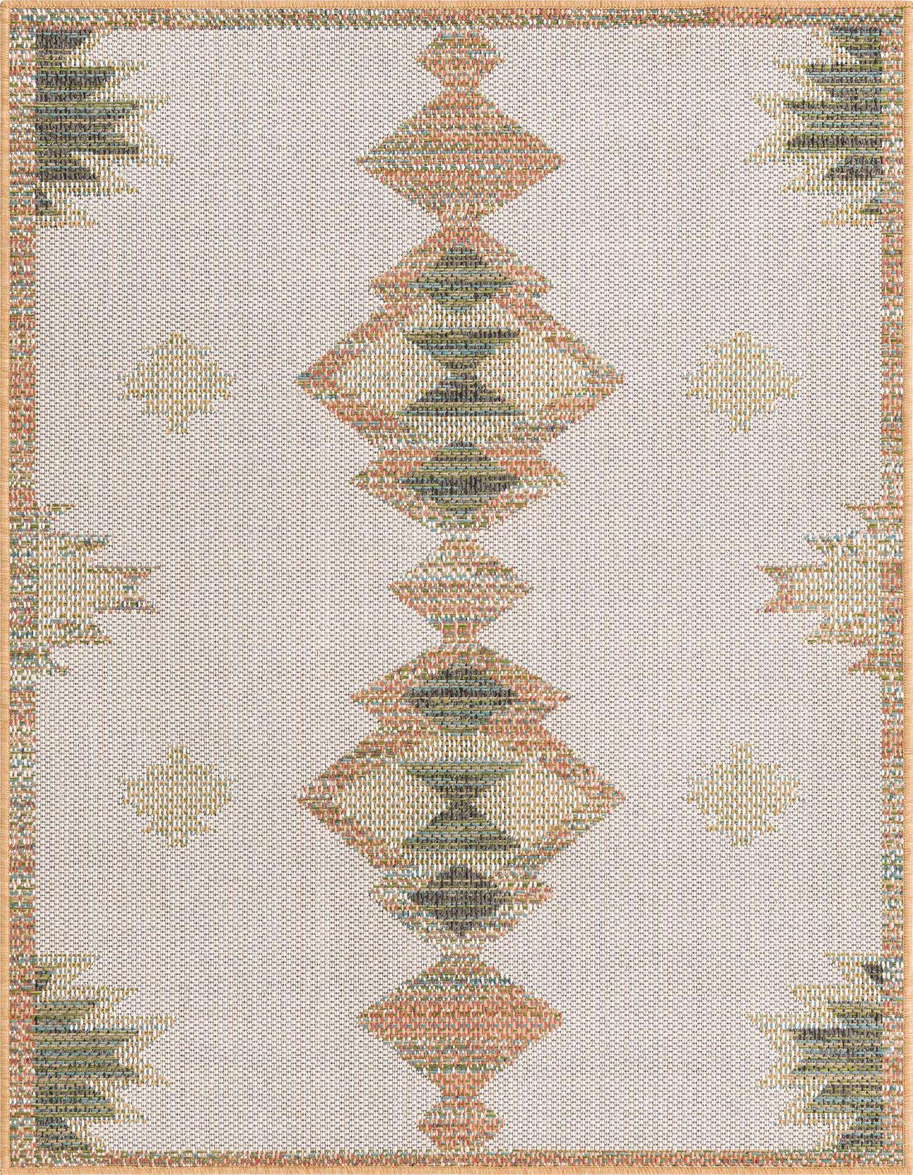 A 4x6 rectangular ivory flatweave rug with a Southwestern tribal pattern in peach, green, and blue, bordered by a solid peach band.