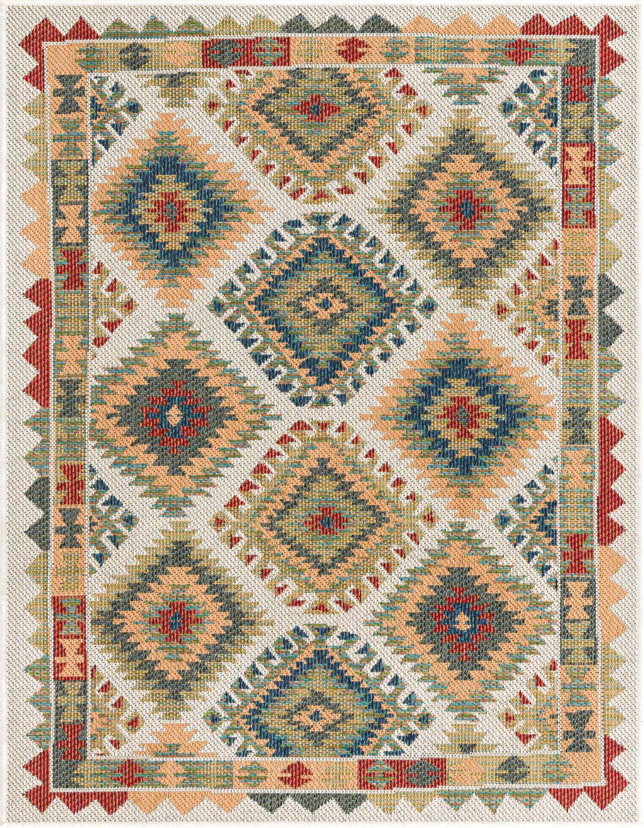 A 4x6 rectangular Southwestern rug with a tribal diamond pattern in ivory, cream, blue, orange, and red, suitable for indoor or outdoor use.