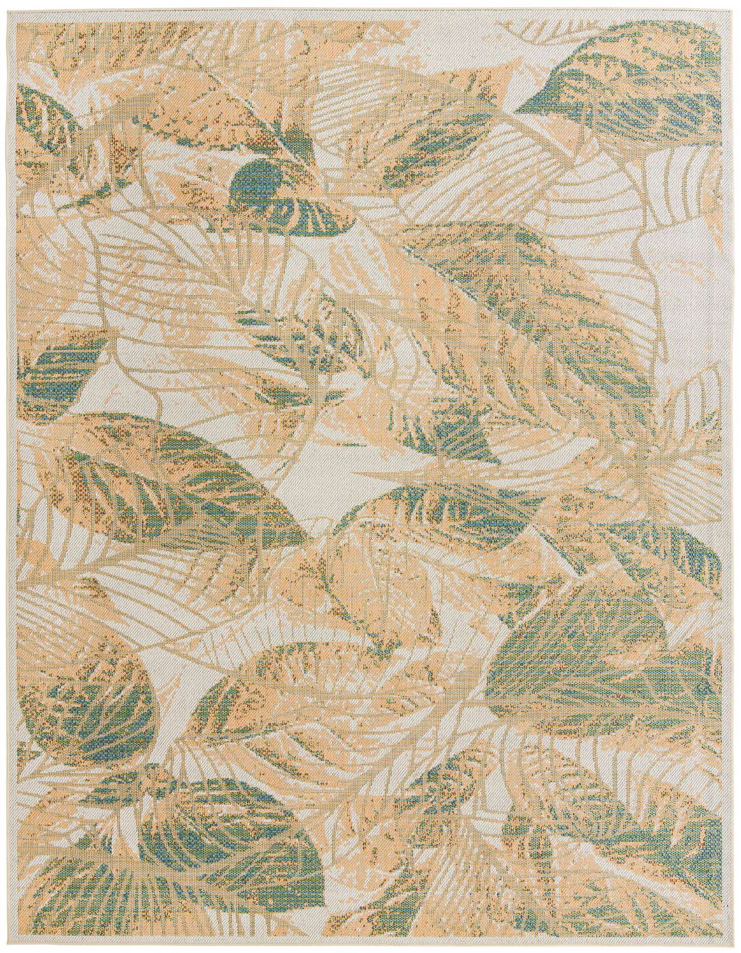 A 9x12 rectangular indoor/outdoor rug featuring a modern botanical pattern of large ivory, cream, and teal leaves on a light background.