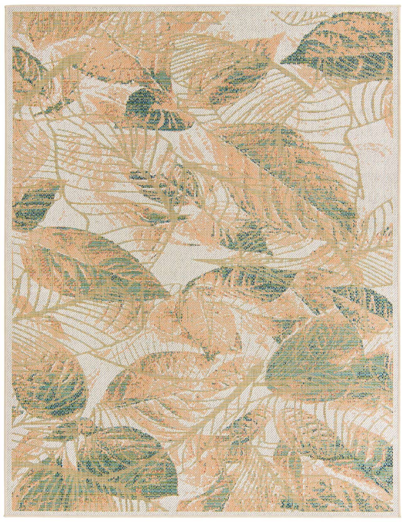 A 6x9 rectangular indoor/outdoor rug featuring a modern botanical leaf pattern in ivory, cream, and subtle peach tones.