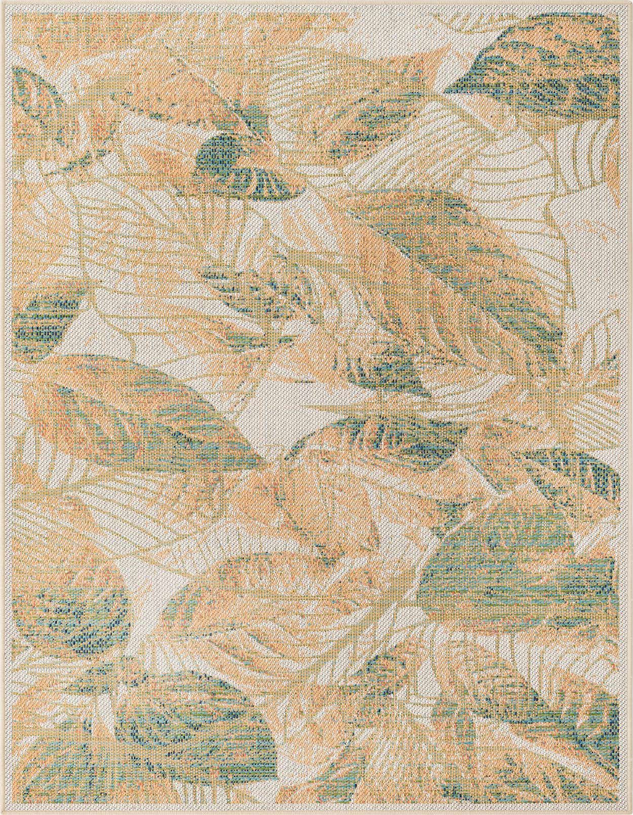A rectangular 5x8 indoor/outdoor rug featuring an ivory background with a modern botanical leaf pattern in shades of peach, teal, and cream.