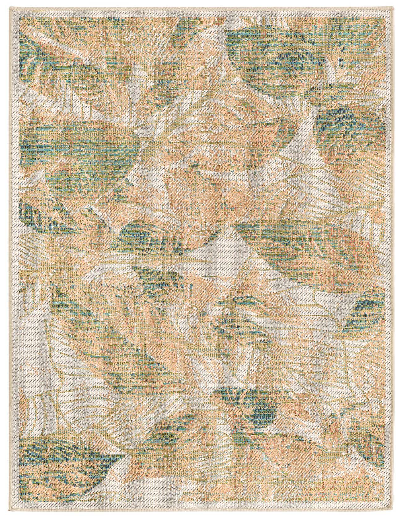 A 4x6 rectangular indoor/outdoor rug featuring an ivory background with large, overlapping botanical leaf patterns in shades of peach, teal, and light green.