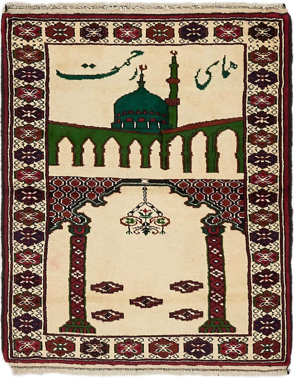 A 3x4 rectangular Balouch wool rug featuring a mosque design with green dome and minaret on an ivory background, framed by a tribal border.