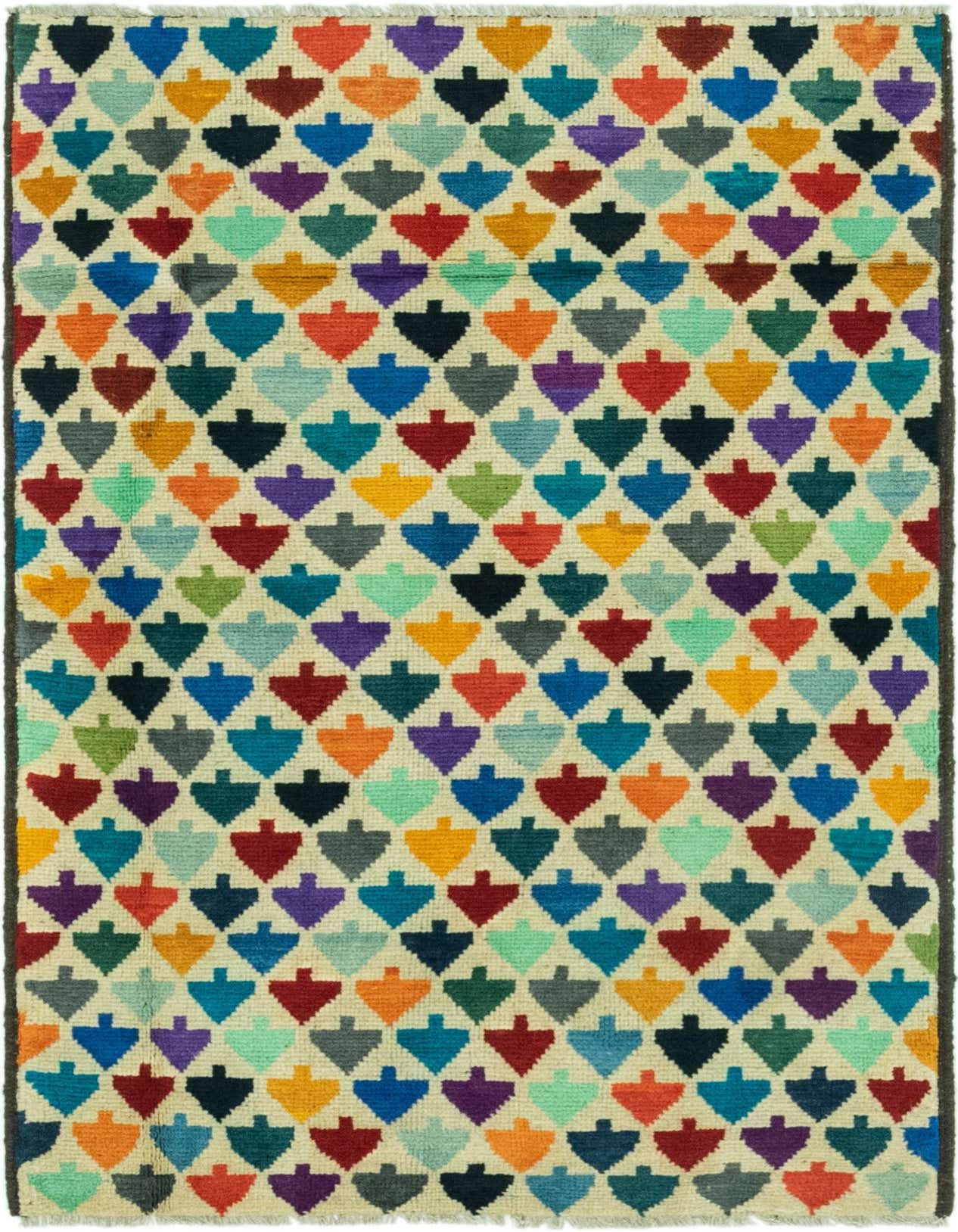 A 3x5 rectangular Balouch rug with a tribal pattern of colorful heart-like shapes in various hues on an ivory background.