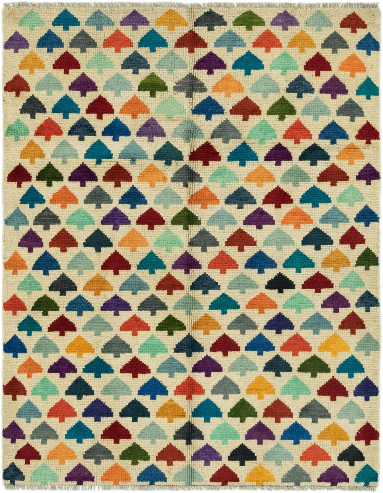 A 3x5 rectangular ivory Balouch rug with a repeating pattern of colorful tribal tree-like motifs in various shades.