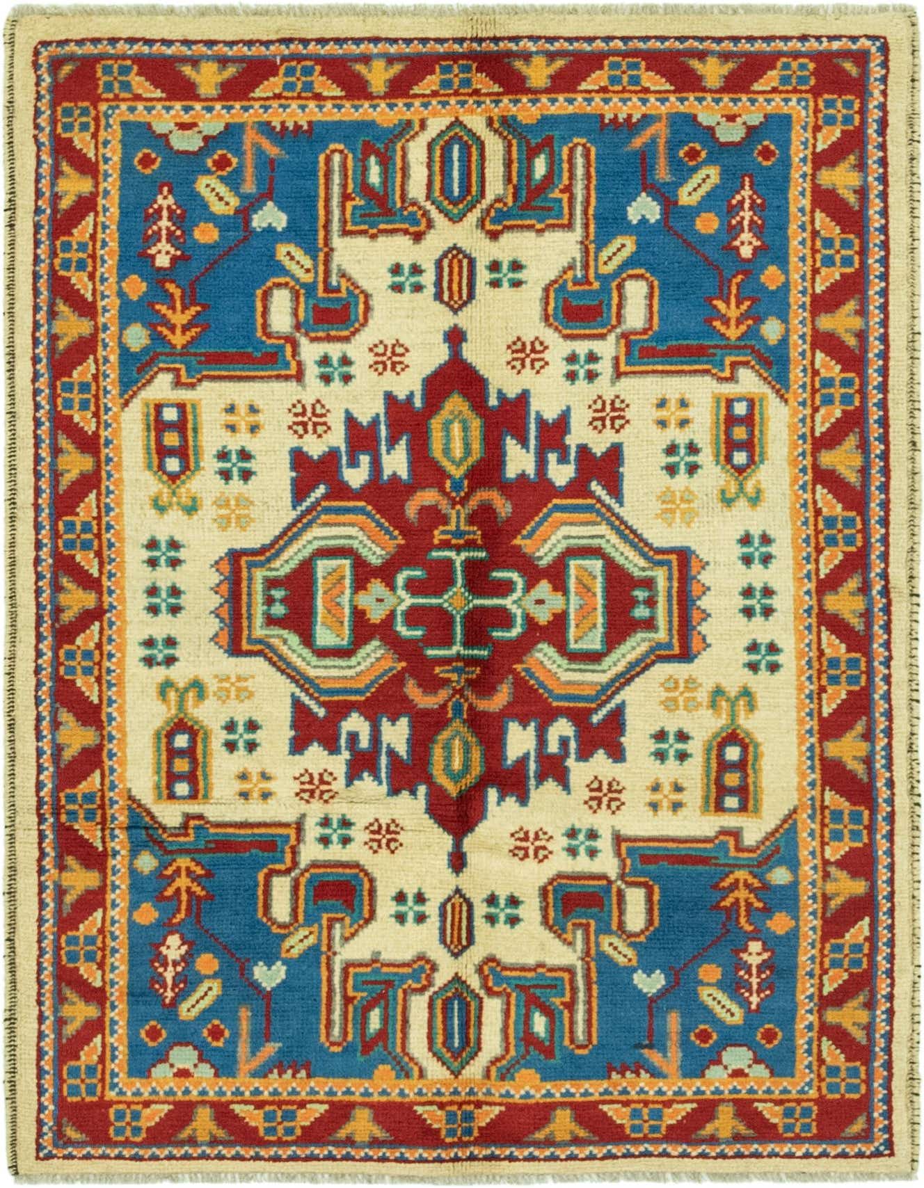 A 3x5 rectangular Balouch rug with an ivory field, a central medallion, and a red and blue tribal pattern.