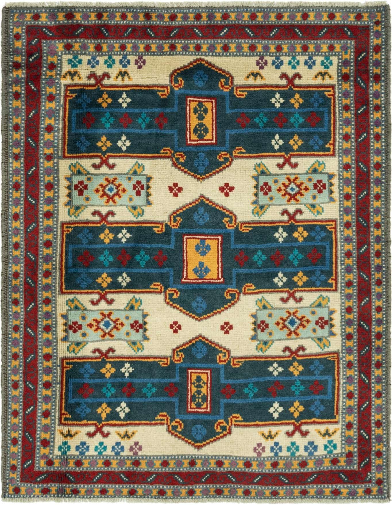 A 3x5 rectangular Balouch rug with an ivory field, featuring a central tribal pattern in deep blues, reds, and yellows, framed by a multi-colored border.