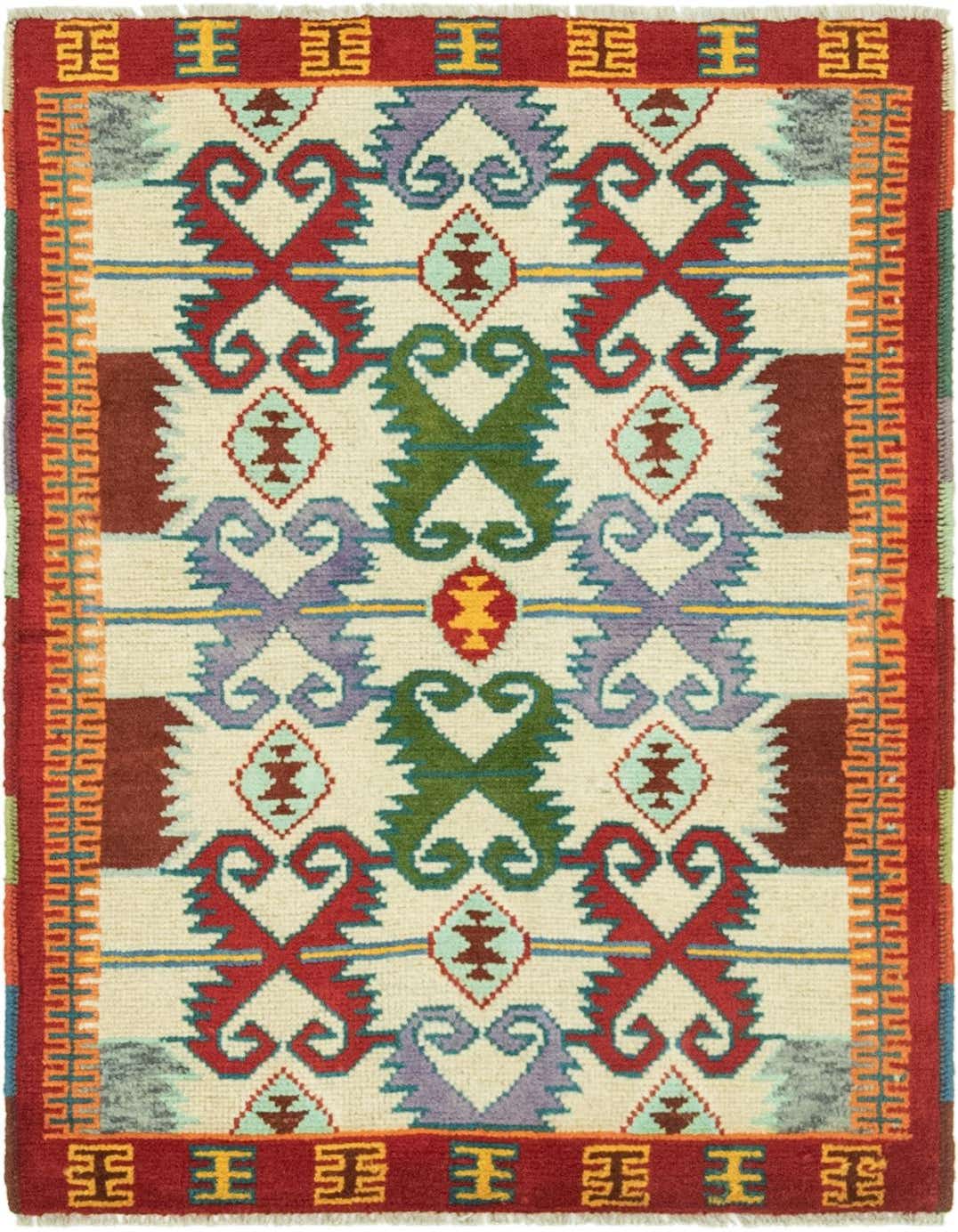 A 3x4 rectangular Balouch tribal rug featuring a cream background with red, green, purple, and blue geometric patterns and a red border.