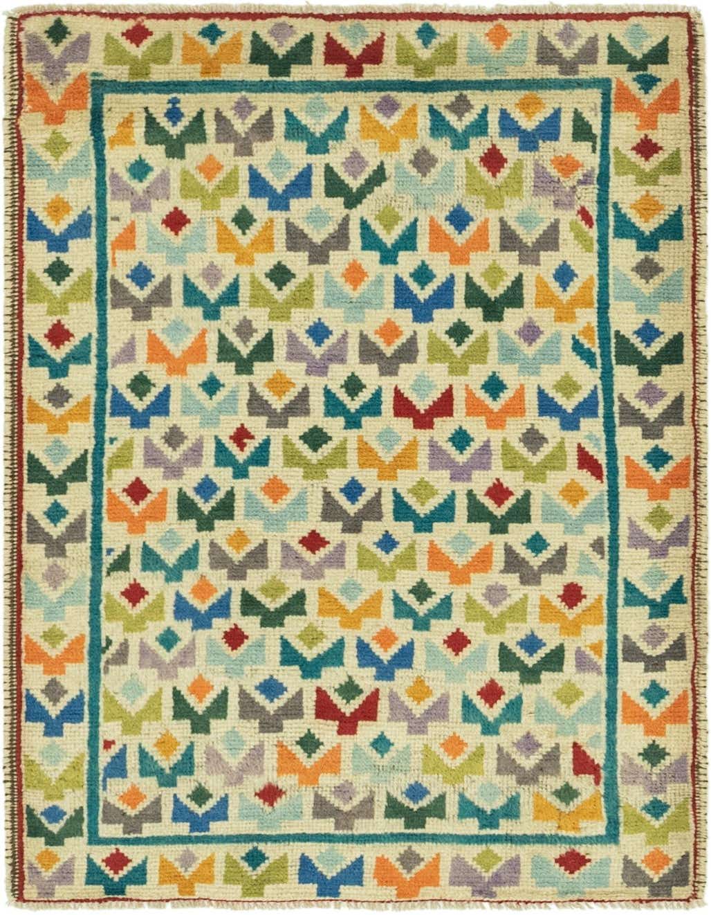 A 3x4 rectangular ivory rug with a colorful Southwestern geometric pattern and a teal border, handmade from wool.