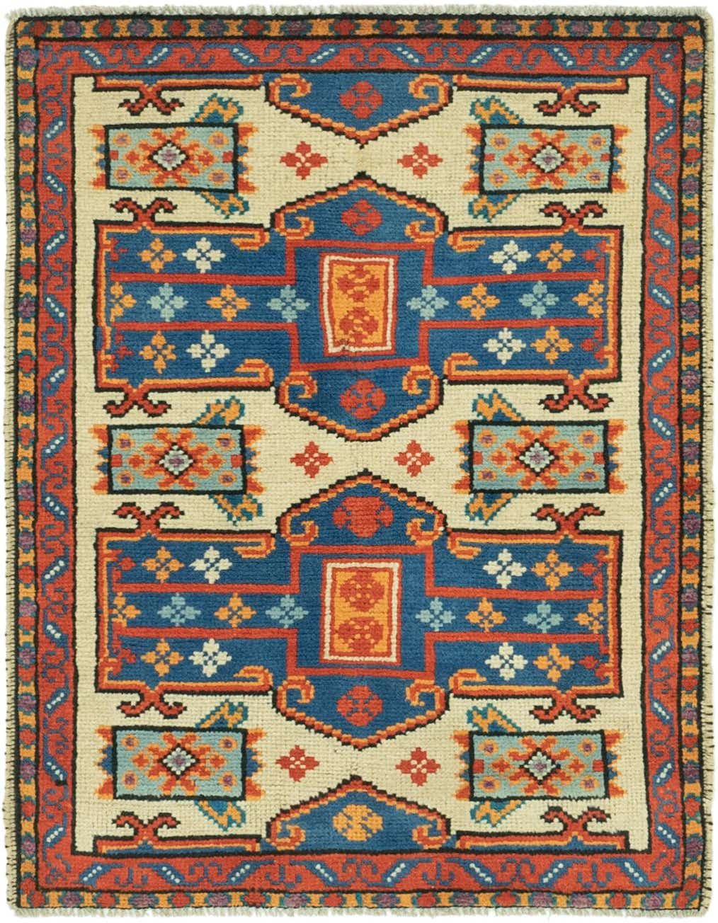 A 3x4 rectangular ivory Balouch rug with a tribal Southwestern pattern in blue, orange, and red.