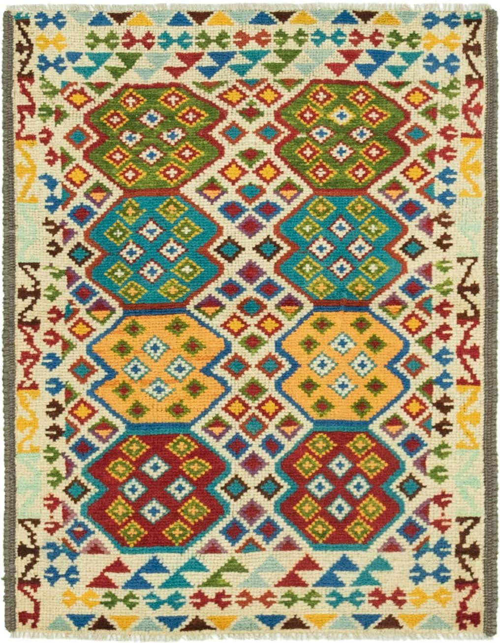 A 3x4 rectangular Balouch rug with a vibrant tribal pattern in ivory, cream, red, blue, green, and yellow.