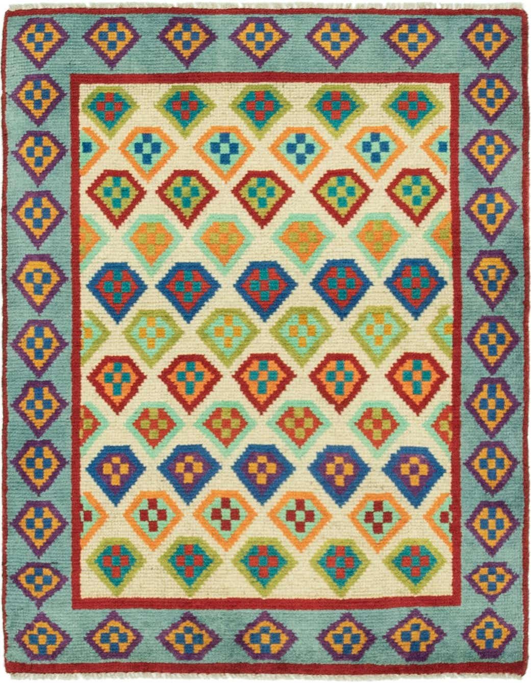 A 3x4 rectangular Balouch rug with an ivory field featuring colorful tribal diamond patterns and a teal border with purple and gold motifs.