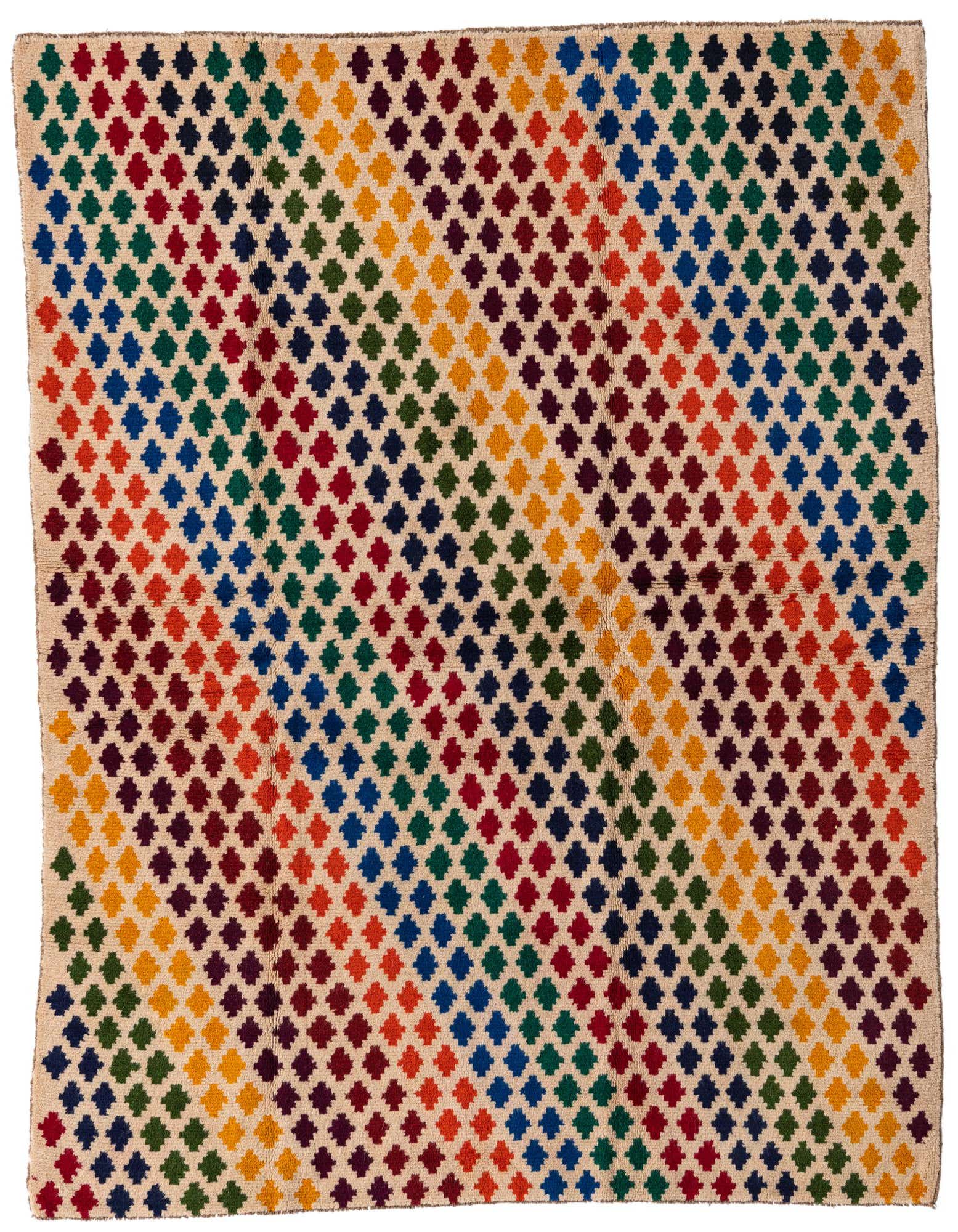 A 5x8 rectangular ivory rug with a vibrant, repeating diamond pattern in red, blue, green, and orange.