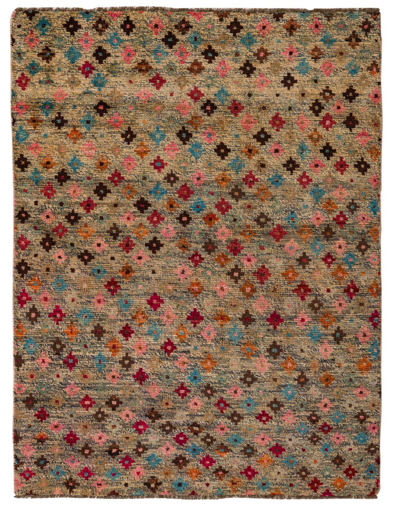 A 4x6 rectangular ivory wool rug with a colorful tribal pattern of small, scattered diamond shapes in pink, blue, orange, and brown.