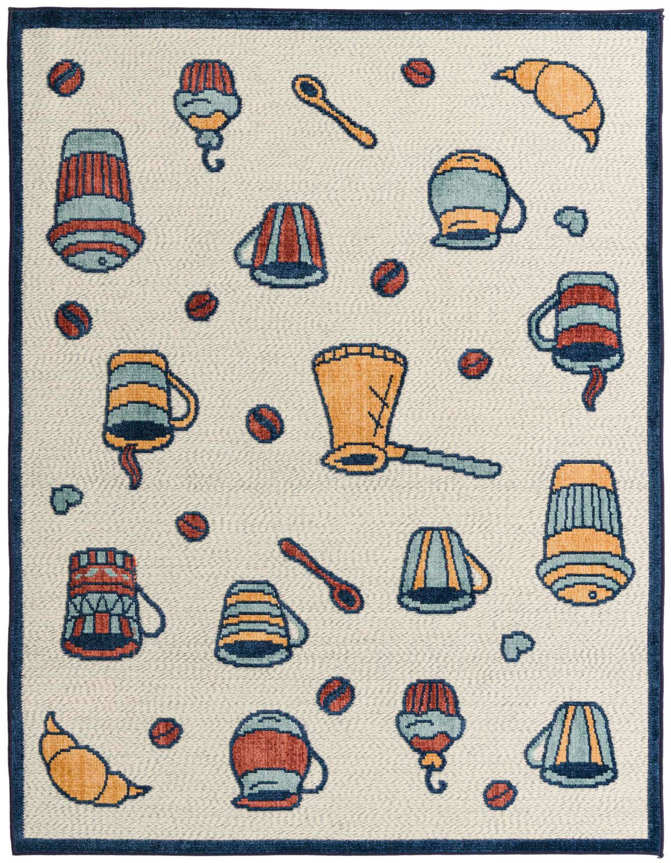 A 5x8 rectangular ivory rug with a playful pattern of colorful coffee cups, spoons, coffee beans, and croissants, framed by a dark blue border.