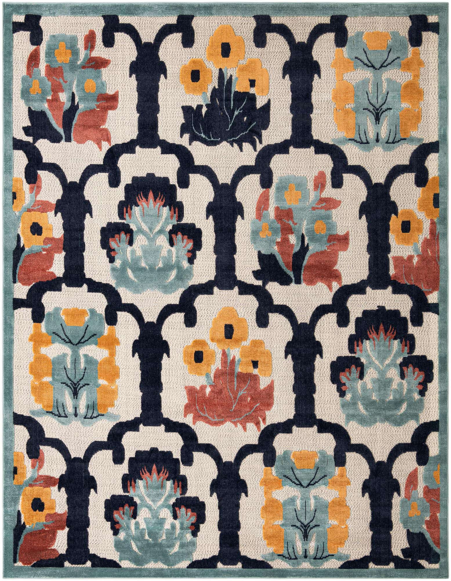 A 9x12 rectangular ivory rug with a bold botanical trellis pattern in navy, gold, teal, and terracotta, suitable for indoor/outdoor use.
